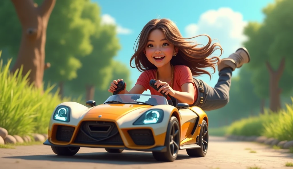 A beautiful brunette teen playing with a radio controlled car