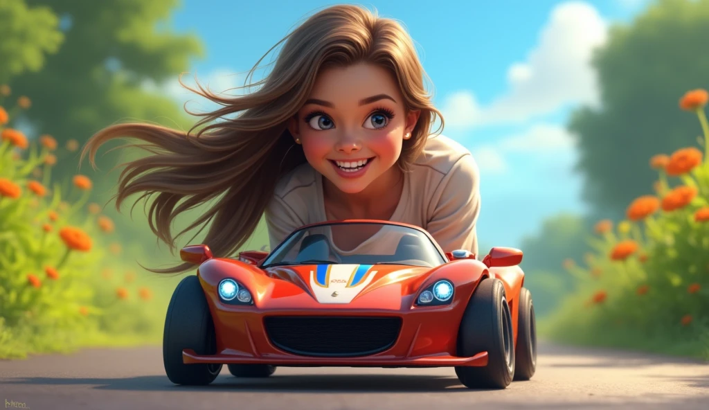 A beautiful brunette teen playing with a radio controlled car