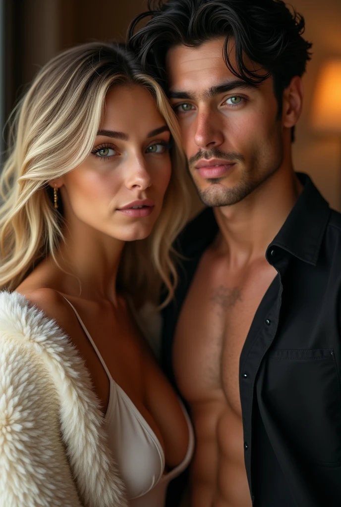 couple, 1 girl 1 boy, different fur color, long wavy blonde hair without bangs and gray eyes, sexy clothes, short black hair and (green eyes). Open black shirt and jeans, different height, detailed eyes, looking at the viewer. Reclining. Hotel room in the background.