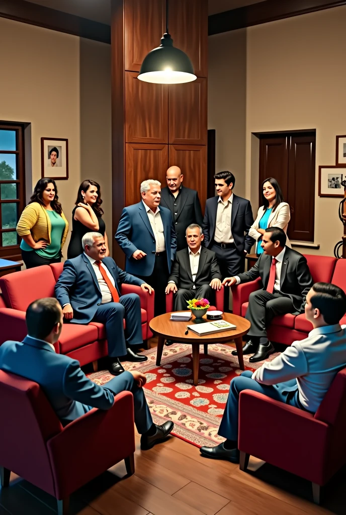 I want an image where these Michoacan politicians are gathered: LeoneLeonel Godoy, Raúl Moró, alfredo Bedolla, Lazaro Cardenas Batel, Fabiola Alanis, Giuliana Bugarini, Celeste Ascencio, Omega Vazquez, Marko Cortes, Felipe Calderon, German Martinez, Silvano Aureoles, Alfonso Martinez, Araceli Saucedo, Cocoa Calderón and Jimena Villicaña in the living room of the famous house, a common space in the residence of the reality show participants "The House of the Famous" mexico