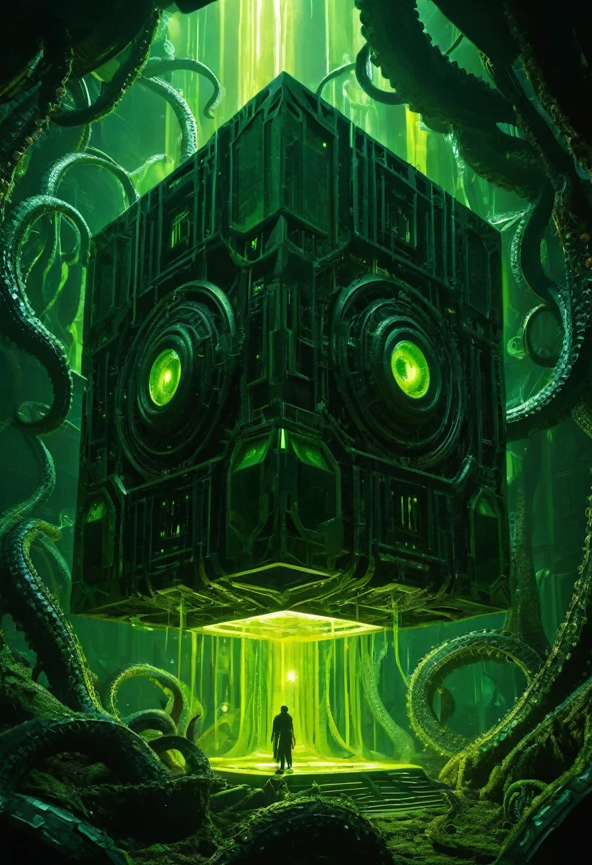 A gigantic floating cuboid structure with dark, twisting tentacles, radiating an intense green light from the circular patterns and eyes with illuminated symbols embedded in their faces. The scene has a dark and futuristic atmosphere., with a greenish-yellow lighting that envelops the entire space, full of geometric shapes and blocks suspended in the air. Two tiny, zombified figures appear to be wandering in front of this monstrous entity., highlighting its colossal scale. The atmosphere is oppressive and mysterious., as if the place were a prison or a temple of some cosmic deity. The style is a combination of science fiction and cosmic horror, with intricate details and a sense of alien grandeur.