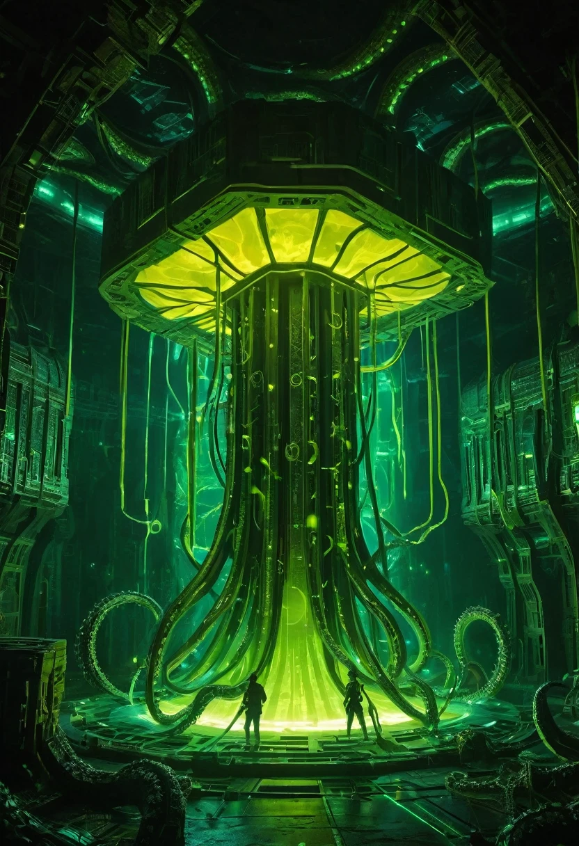 A gigantic floating cuboid structure with dark, twisting tentacles, radiating an intense green light from the circular patterns and eyes with illuminated symbols embedded in their faces. The scene has a dark and futuristic atmosphere., with a greenish-yellow lighting that envelops the entire space, full of geometric shapes and blocks suspended in the air. Two tiny, zombified figures appear to be wandering in front of this monstrous entity., highlighting its colossal scale. The atmosphere is oppressive and mysterious., as if the place were a prison or a temple of some cosmic deity. The style is a combination of science fiction and cosmic horror, with intricate details and a sense of alien grandeur.