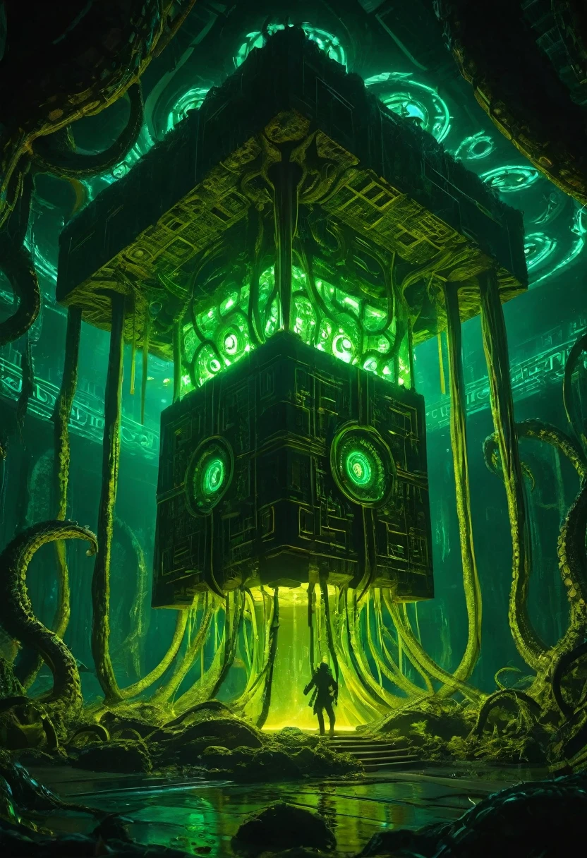 A gigantic floating cuboid structure with dark, twisting tentacles, radiating an intense green light from the circular patterns and eyes with illuminated symbols embedded in their faces. The scene has a dark and futuristic atmosphere., with a greenish-yellow lighting that envelops the entire space, full of geometric shapes and blocks suspended in the air. Two tiny, zombified figures appear to be wandering in front of this monstrous entity., highlighting its colossal scale. The atmosphere is oppressive and mysterious., as if the place were a prison or a temple of some cosmic deity. The style is a combination of science fiction and cosmic horror, with intricate details and a sense of alien grandeur.