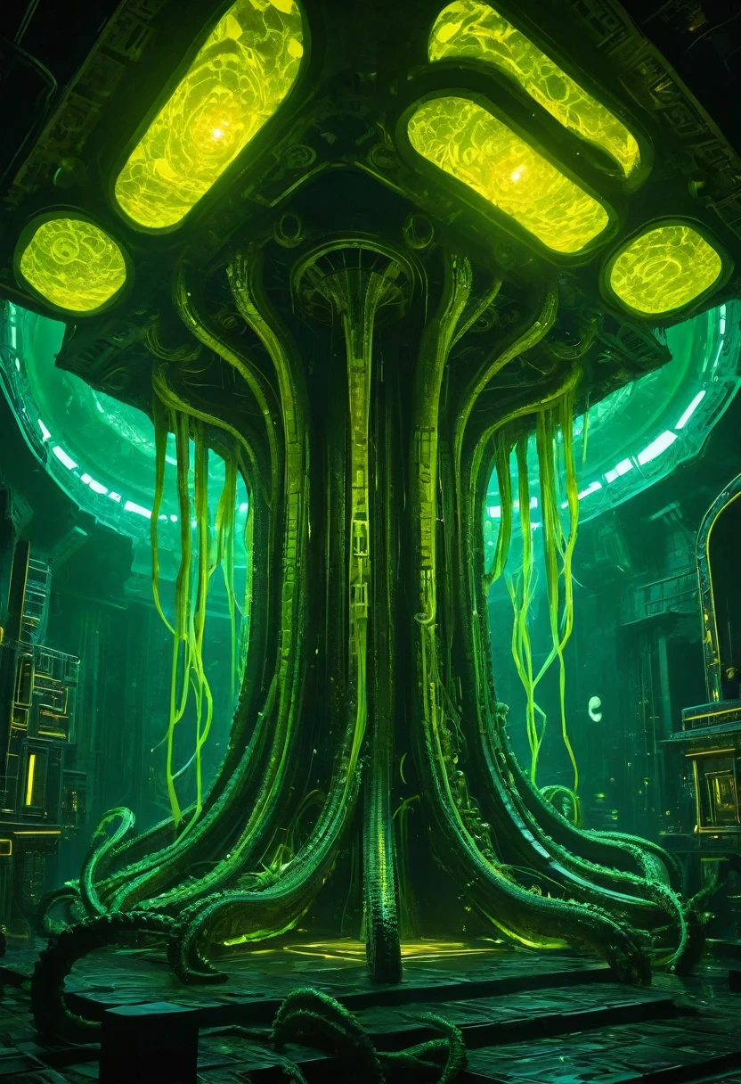 A gigantic floating cuboid structure with dark, twisting tentacles, radiating an intense green light from the circular patterns and eyes with illuminated symbols embedded in their faces. The scene has a dark and futuristic atmosphere., with a greenish-yellow lighting that envelops the entire space, full of geometric shapes and blocks suspended in the air. Two tiny, zombified figures appear to be wandering in front of this monstrous entity., highlighting its colossal scale. The atmosphere is oppressive and mysterious., as if the place were a prison or a temple of some cosmic deity. The style is a combination of science fiction and cosmic horror, with intricate details and a sense of alien grandeur.