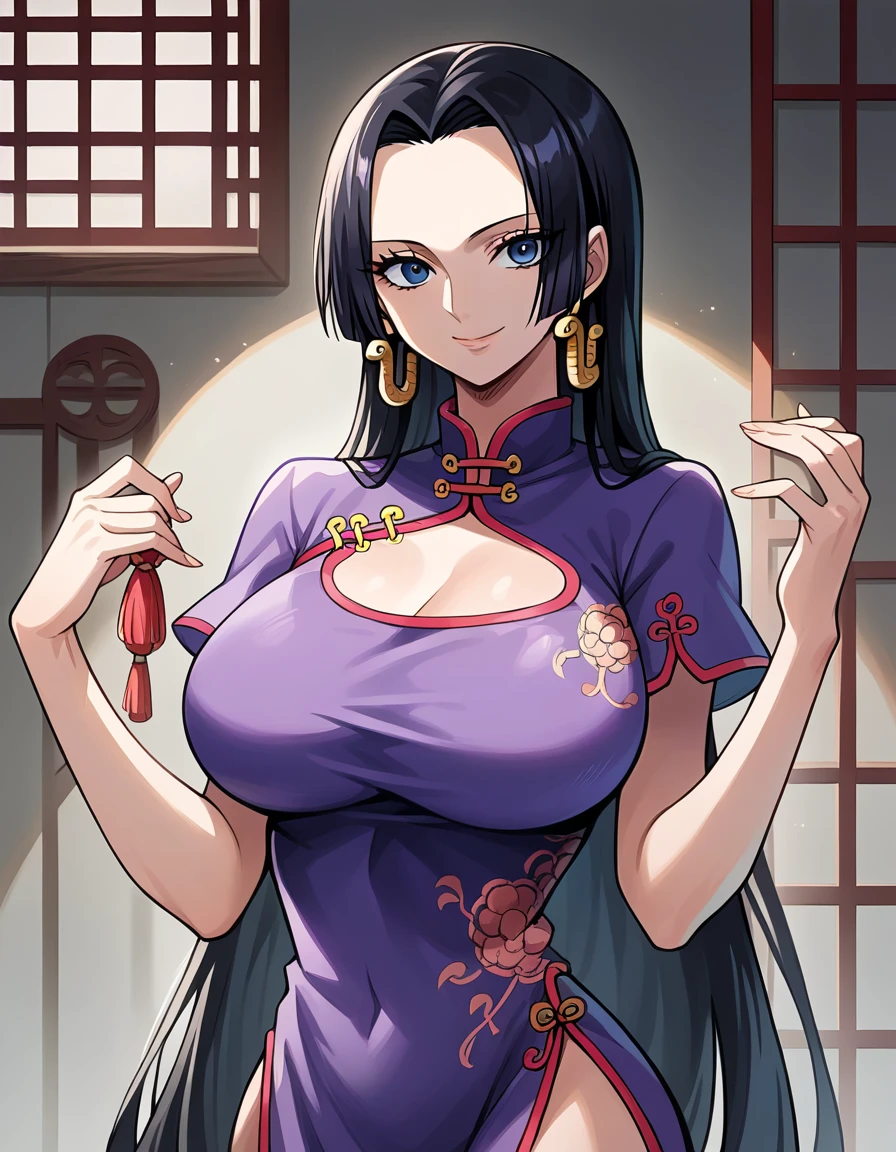 score_8_up, score_7_up, source_anime, best quality, clear face, 1girl, Boa Hancock, black hair, long hair, blue eyes, large breasts, china dress, purple clothes, looking at viewer, smile, indoor, 