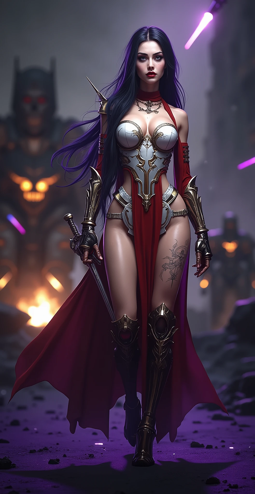 Masterpiece, Best Quality, Official Art, (Highly Detailed CG Unity 8k wallpaper), Detailed background, (Hands by Guido Daniele: 1.1). Full body pose sexy sisters of battle from the warhammer 40k, shooting at the enemy, white armor with intricate details, red armor with intricate details, religous symbols on the armor, sisters of battle, warhammer 40k, Massive silicone breast, pale skin, seductive, temptation, eat your soul, clevage, long flowing black hair with purple highlights, heavy gothic makeup, at night, neon, beautiful detailed eyes, beautiful detailed lips, extremely detailed eyes and face, long eyelashes, highly detailed armor, intricate futuristic weaponry, dramatic lighting, cinematic composition, muted color palette, gritty and realistic, mecha, science fiction, hyper-detailed, photorealistic, award winning digital art, 8k, HDR, masters work, in the middle of a battle field, full body combat action pose, explosions and fire around, full war, stunning, Stilleto heels, high heels, full body pose, cinematic, movie trailer, final stand!, nemesis, ready to strike, dust and debree, combat screams, attacking, shooting at the enemy, running forward, last line of defense, charging, fanatic, religious, templar knights, sisters of battle, warhammer 40k