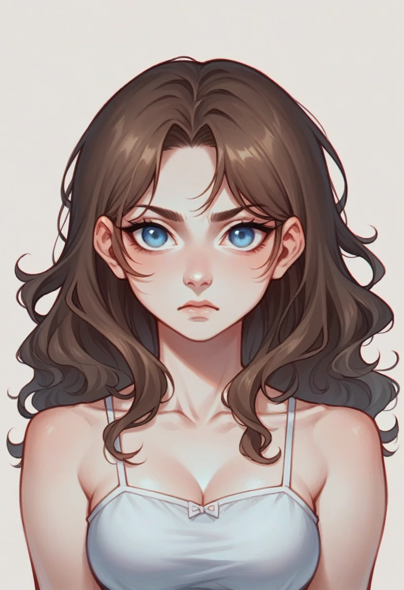 Вот обновленный промт:

"A realistic portrait of a young woman in her early 20s, with long, wavy brown hair. She has striking, bright blue eyes and is staring directly into the camera with a serious, intense expression. The background is softly blurred, focusing attention on her face. The lighting is warm and natural, highlighting her features and creating a strong, captivating atmosphere."