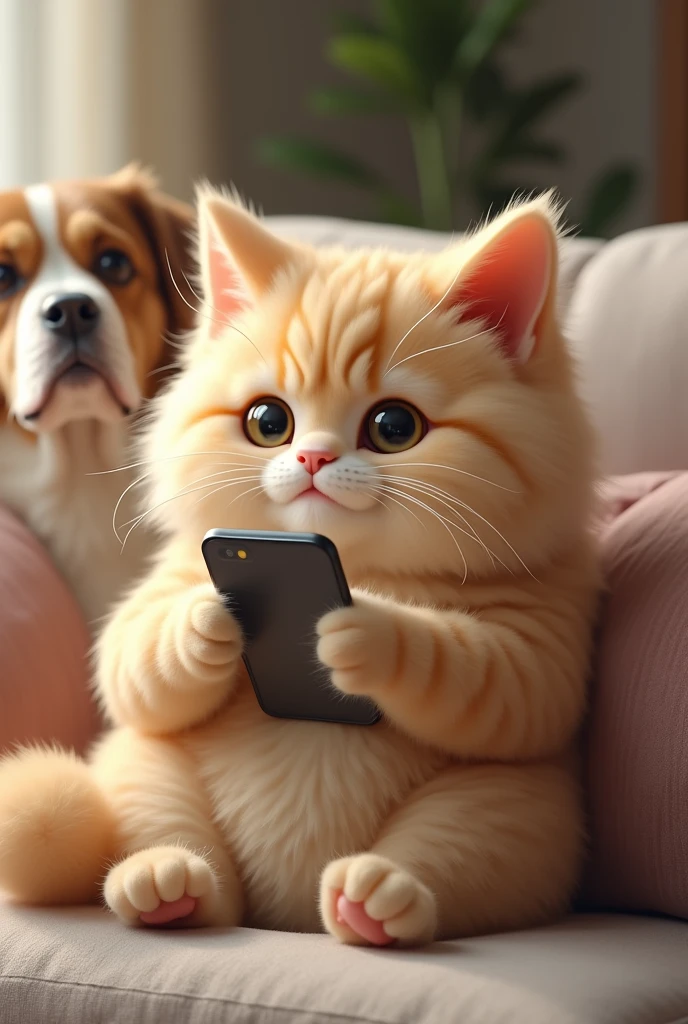Fluffy cat holding a mobile phone in paws, sitting on sofa, dog is looking jealous, 