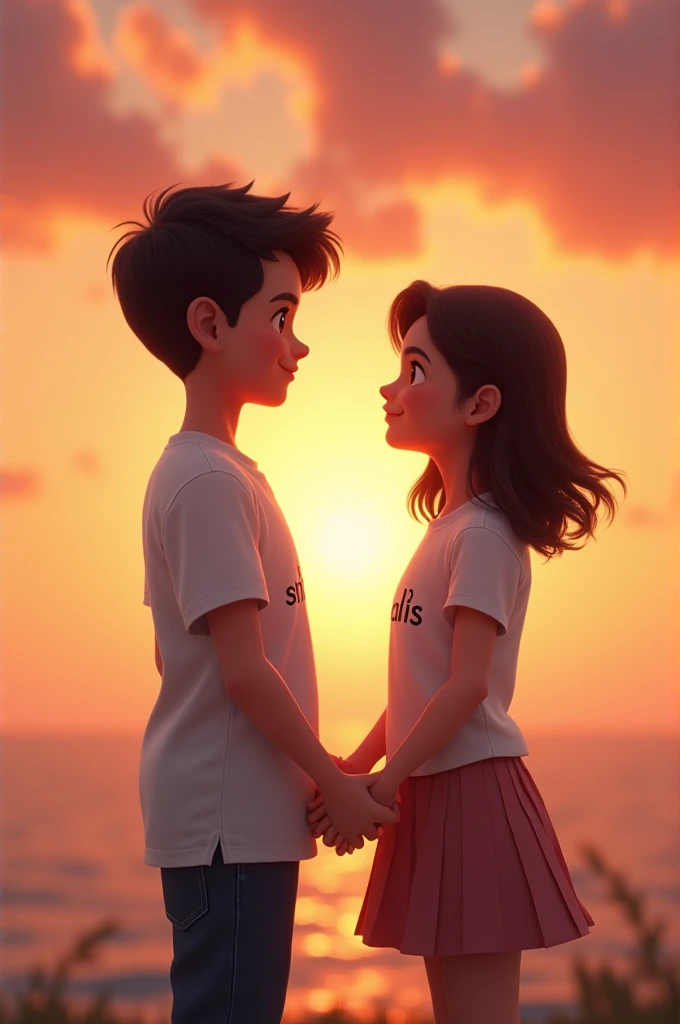 A boy wearing a white t shirt with a text on his tshirt " shifa's" and a girl in a white tshirt and denim skirt, with a text on her tshirt "ali's" , holding eachothers hand and looking at eachother eyes with love , sunset background