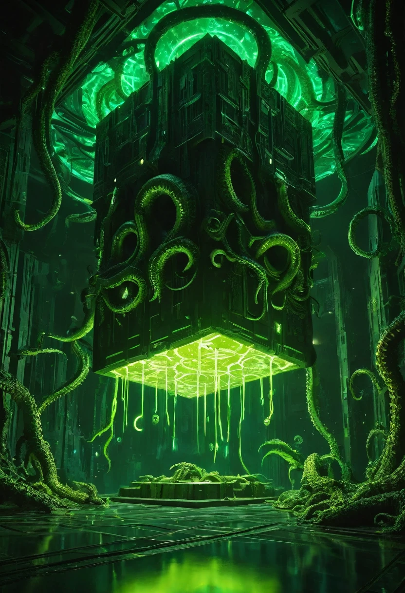 A gigantic floating cuboid structure with dark, twisting tentacles, radiating an intense green light from the circular patterns and eyes with illuminated symbols embedded in their faces. The scene has a dark and futuristic atmosphere., with a greenish-yellow lighting that envelops the entire space, full of geometric shapes and blocks suspended in the air. Two tiny, zombified figures appear to be wandering in front of this monstrous entity., highlighting its colossal scale. The atmosphere is oppressive and mysterious., as if the place were a prison or a temple of some cosmic deity. The style is a combination of science fiction and cosmic horror, with intricate details and a sense of alien grandeur.