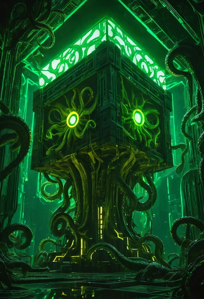 A gigantic floating cuboid structure with dark, twisting tentacles, radiating an intense green light from the circular patterns and eyes with illuminated symbols embedded in their faces. The scene has a dark and futuristic atmosphere., with a greenish-yellow lighting that envelops the entire space, full of geometric shapes and blocks suspended in the air. Two tiny, zombified figures appear to be wandering in front of this monstrous entity., highlighting its colossal scale. The atmosphere is oppressive and mysterious., as if the place were a prison or a temple of some cosmic deity. The style is a combination of science fiction and cosmic horror, with intricate details and a sense of alien grandeur.