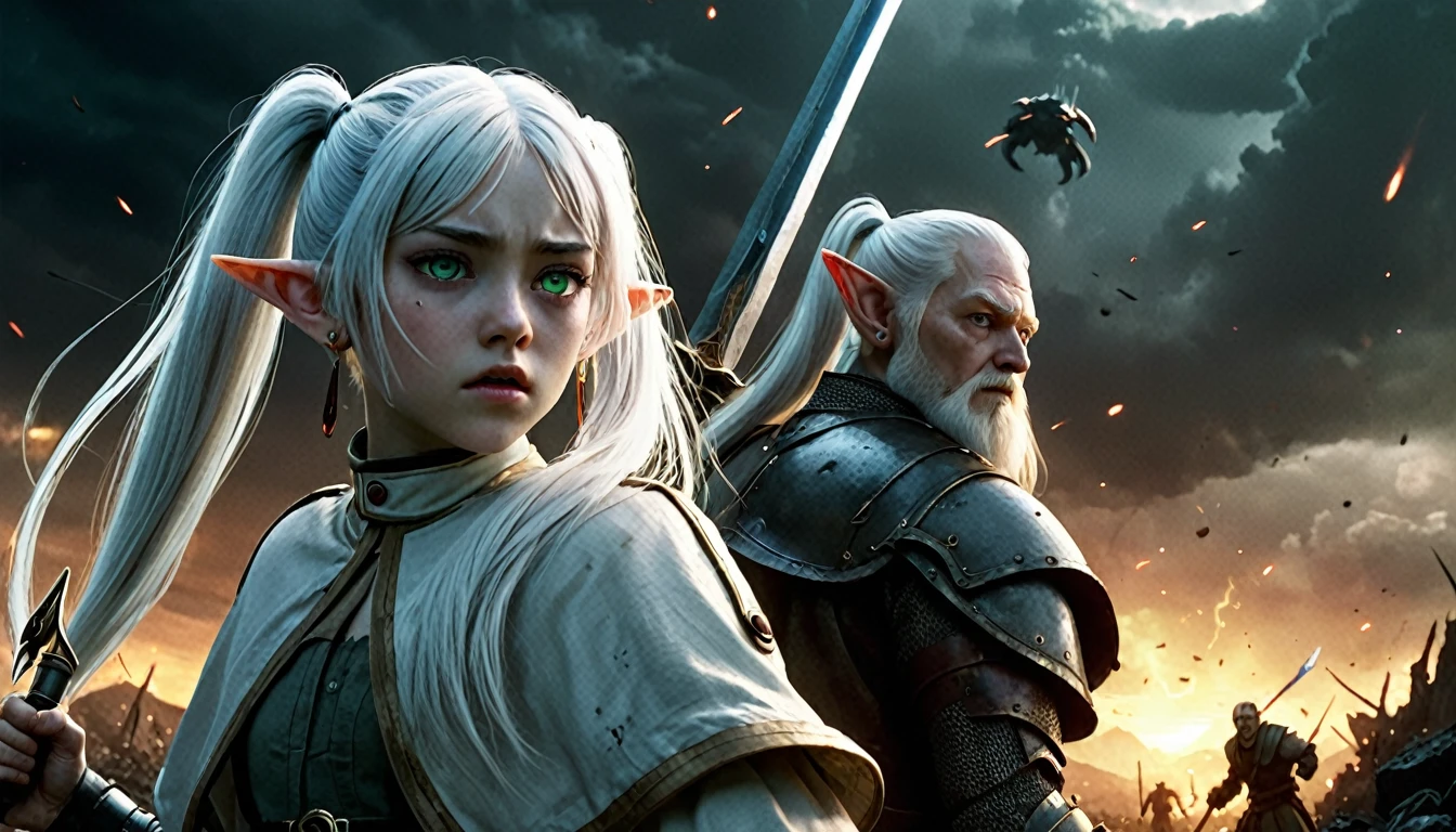 Epic battle scene, photoreal, fantasy, 4 characters: 1 white-haired girl with long twintails, pointy green eyes, wearing white capsule jewelry and earrings, standing in the foreground. Frieren looks surprised as she gazes into the darkness on the horizon, a gleam of determination in her eyes. Behind her, a tall man with short blue hair wields a sword, and an old dwarf with a huge blonde beard, wearing a helmet, grips a staff. A bright flash of light erupts in the background, fading silhouettes of creatures from "The Lord of the Rings" style goblins and monsters appear against the reddish dark skies. The scene captures the ruins of the battlefield, with emotional and dramatic lighting, realistic skin textures, ultra-detailed, with Frieren standing resolute despite the chaos.
