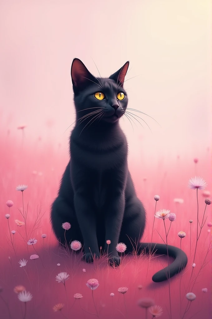 Black cat in a pastel pink field