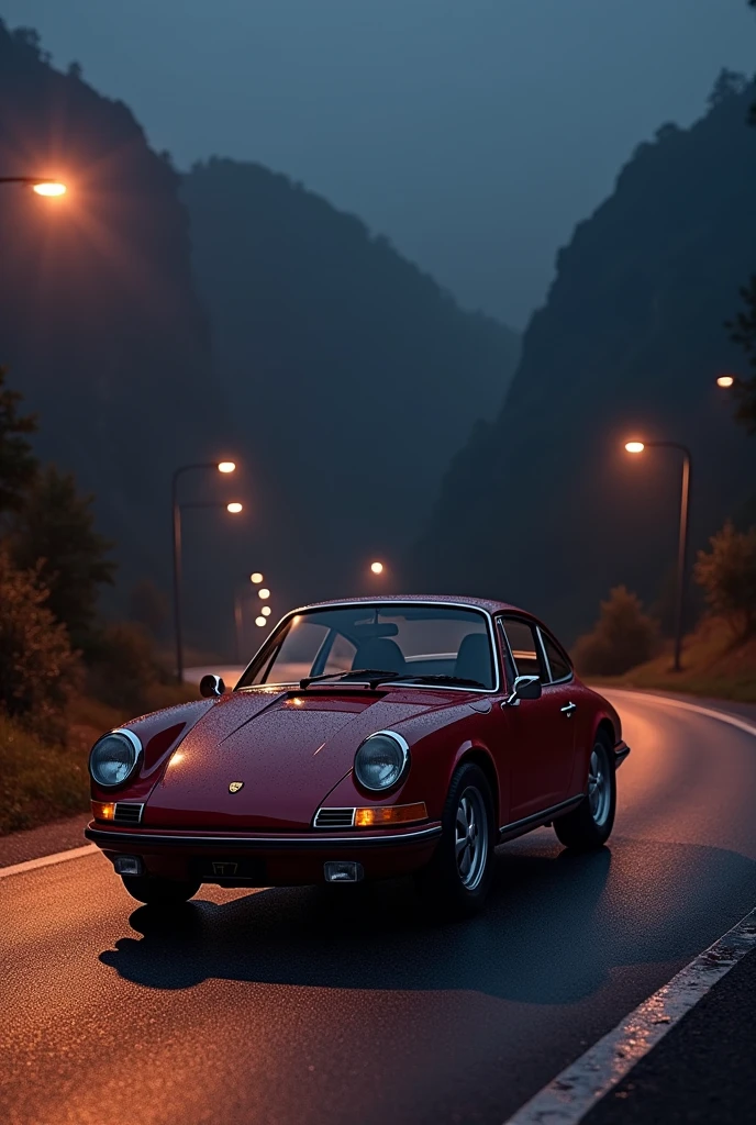 A classic wine red Porsche 911 on a road at night