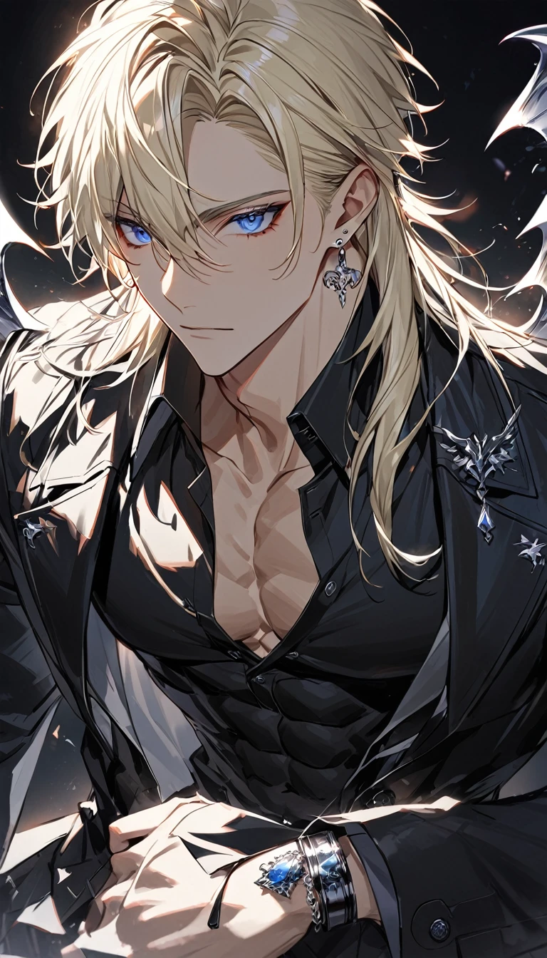alone, good looking, 1 male, by the wide, middle parted hair, light yellow hair, blue eyes, black shirt, White Thailand, black trench coat, Real silver jewelry, Real devil earrings, affront, Vtuber affront Camera, ABS, high 1.90, fallen Angel