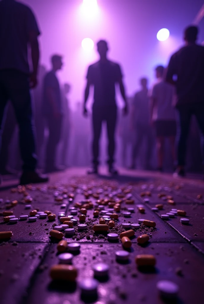 Pills on the floor of a nightclub with purple lighting and long exposure photo effect