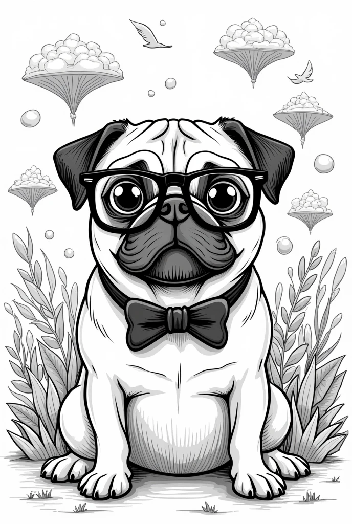 a pug with a bow tie and black and white glasses to color , background of the magical world ,Sketch Style, Use outline-only, line art coloring book, clean line art