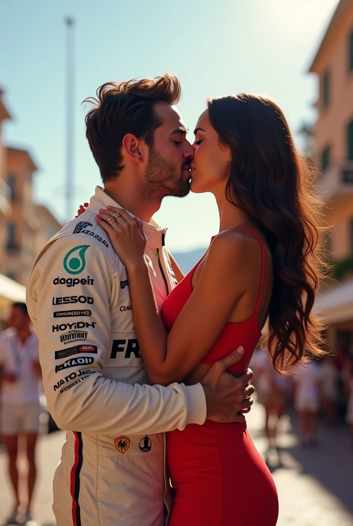 A picture of the driver Charles Leclerc after winning the Monaco race passionately kissing a white-skinned girl with long wavy chocolate-brown hair wearing a short, summery red dress, The couple looks very much in love and he is carrying her while kissing her
