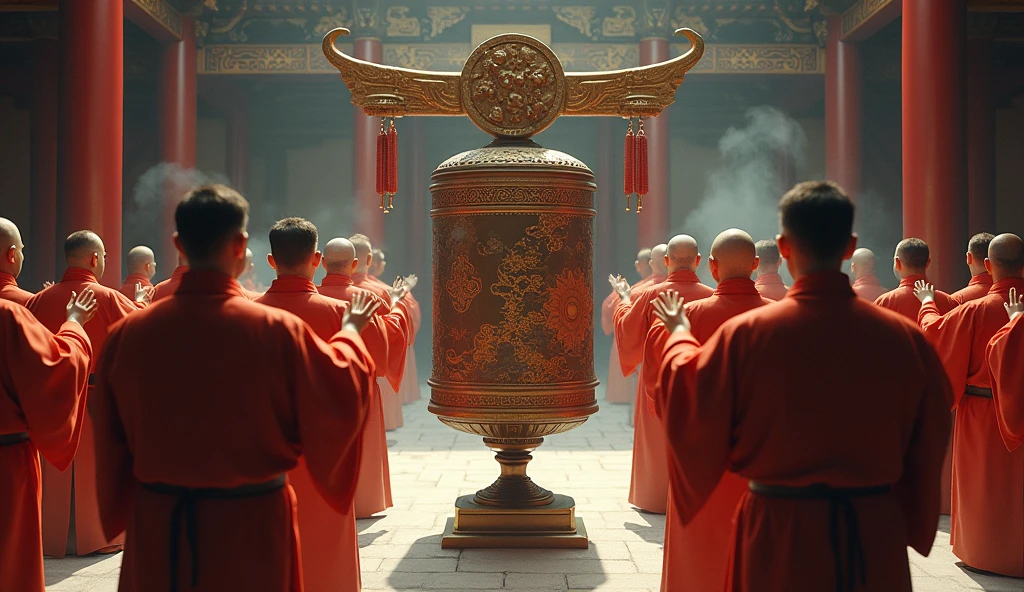Men ceremoniously with Chinese bell