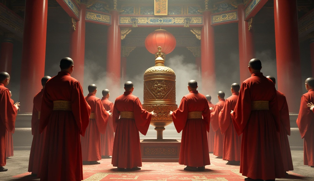 Men ceremoniously with Chinese bell