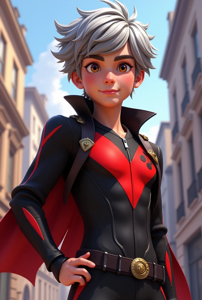 Teenage handsome boy with grey and brown hair and hanzel eyes with horse miraculous from miraculous ladybug and chat noir