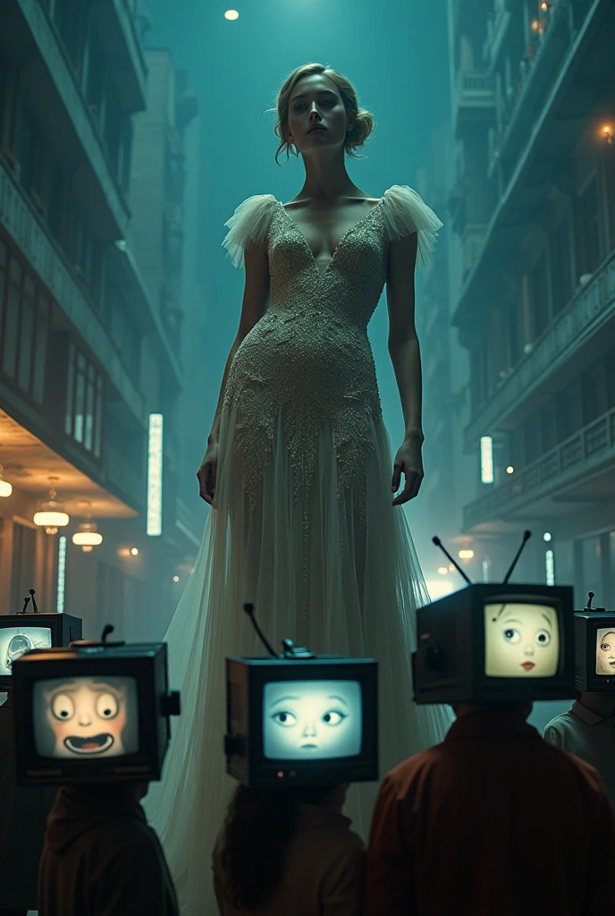 (Cinematic wide shot:1.4) photo of a group of people in casual clothing, each with a vintage TV set as their head, with their faces seamlessly projected on the screens, all gazing upwards at a towering, giant, beautiful woman dressed in glittering evening wear, with glamorous makeup and an intricate evening hairstyle, (elegant and powerful presence:1.3), the group appears tiny in comparison to her immense size, low-angle framing looking upwards, in a surreal urban night scene with reflective surfaces, under dramatic spotlight, shot on a Canon EOS R5 with a 24mm lens, (in the style of surrealist photography:1.5).