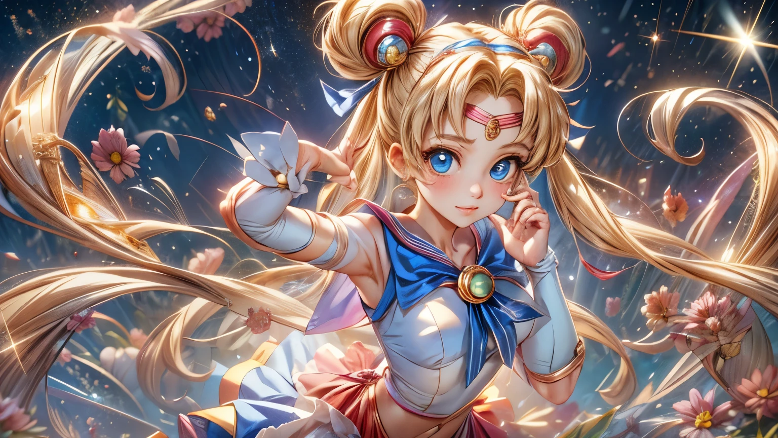 Draw Sailor Moon in her signature sailor suit, including the golden tiara, the red bow on the chest and the blue skirt. Make sure to include her long blonde hair in two pigtails with crescent moon decorations. The pose must be dynamic, as if in the middle of a magical transformation, with light effects and flashes around. The background can be a starry sky or a nighttime urban scene..