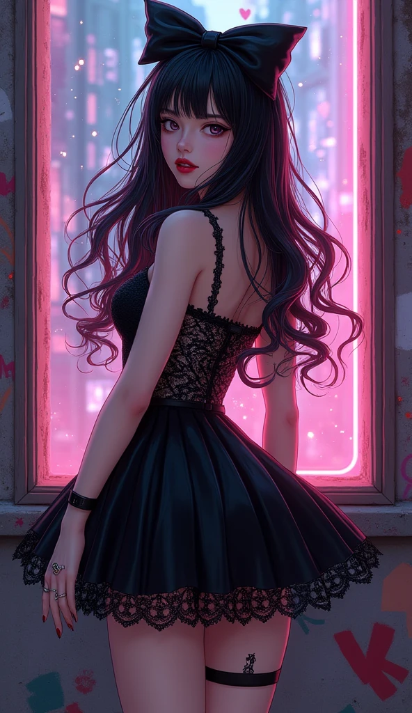 ภาพfull body, Gothic Lori Girl, Standing and enjoying the view, black pupil, long hair, seductive red lips, Beauty Spot, Modern lace clothing, Black skirt dress, ring, Wear a big hair bow, The girl has a tattoo, Unique character design style, Full of hidden details, front, Bright colors, Glittering powder, shine, Light perception, beam, glow, light and shadow, Very meticulous, high resolution, Overflowing with sparkle, neon bright colors, full body, The picture is, graffiti, Show off your coolness, cyberpunk style, Small scenes, realism, Sparks, abstract, illustration, Highly detailed, UHD in high-realistic photo style   