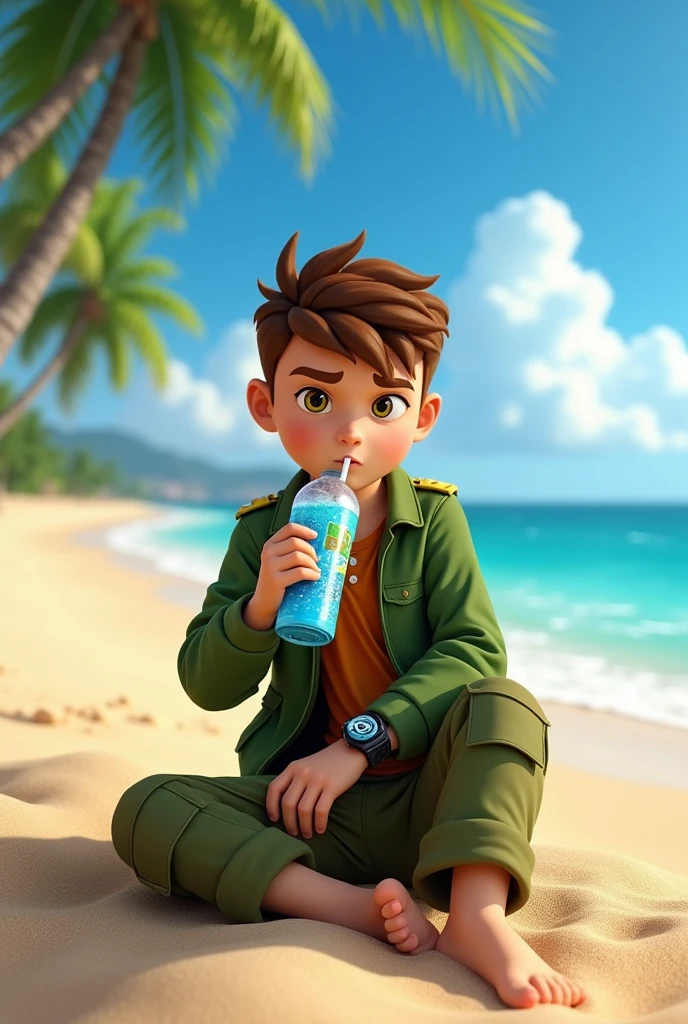 Ben10, drinking soft drink, beach
