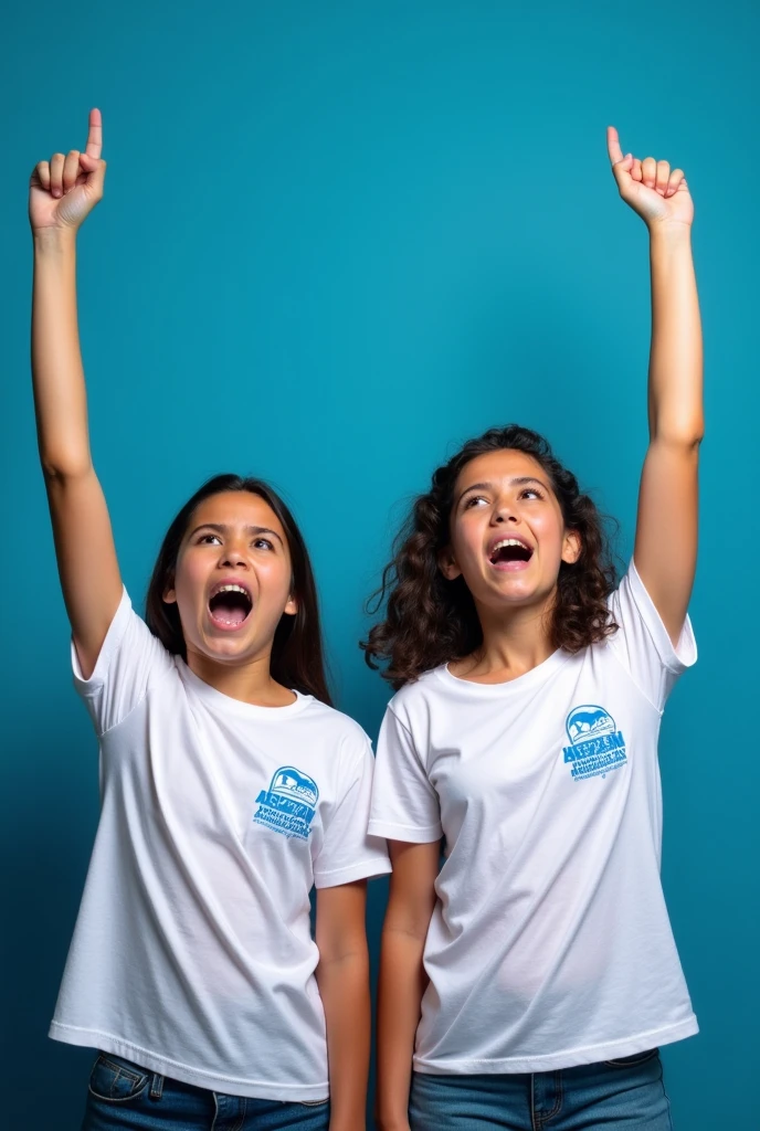 Image that represents courage and rebellion, for a poster of candidacy for student representation for a school for children and adolescents, so I used the color blue a lot since it is our signature color. I want two agers raising their hands and screaming for freedom, I want their shirts to be white and in blue text say “Aspaen Horizontes” on the left side.