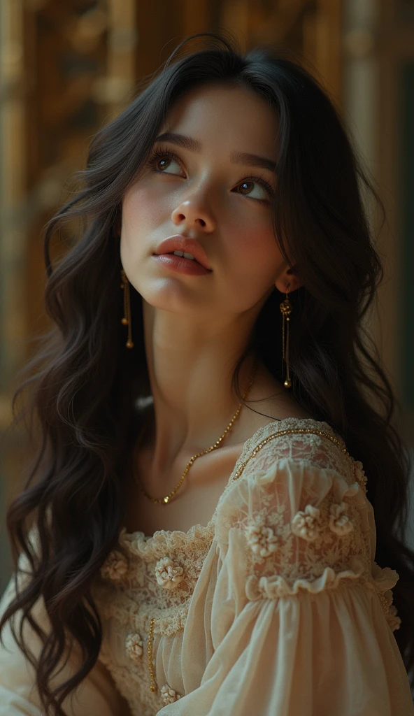 a girl kneeling and looking up at master, beautiful detailed eyes, beautiful detailed lips, extremely detailed face, long eyelashes, long hair, intricate dress, ornate background, (best quality,4k,8k,highres,masterpiece:1.2),ultra-detailed,(realistic,photorealistic,photo-realistic:1.37),intricate details, ornate, elegant, soft lighting, warm colors, cinematic, dramatic lighting, emotional, serene