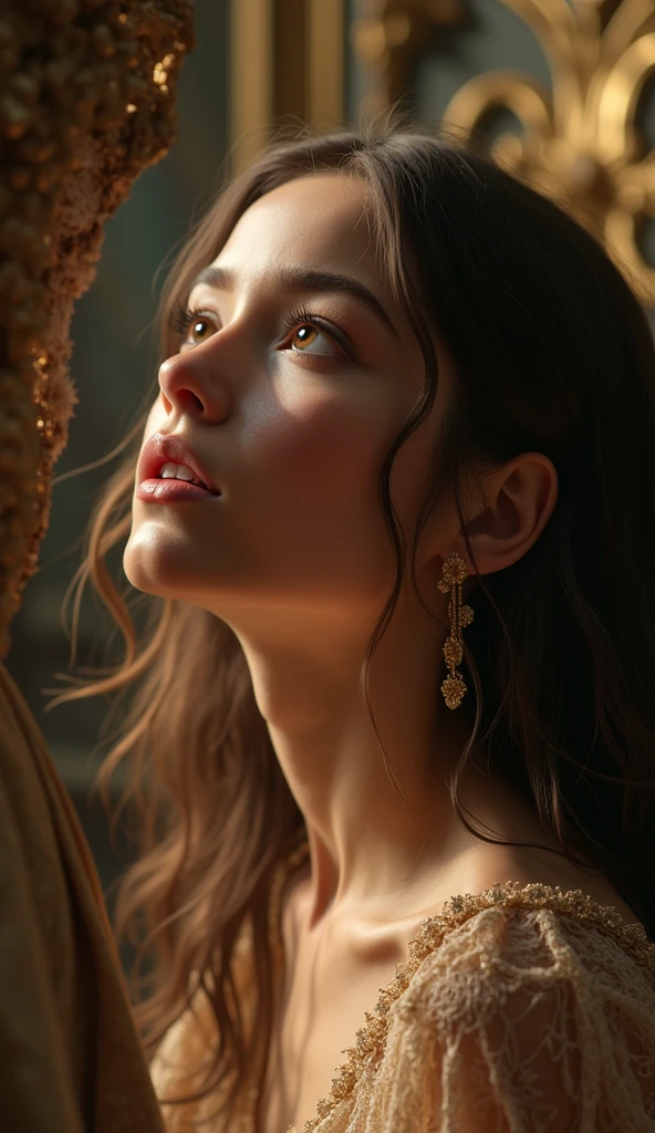 a girl kneeling and looking up at master,  beautiful detailed eyes, beautiful detailed lips, extremely detailed face, long eyelashes, long hair, intricate dress, ornate background, (best quality,4k,8k,highres,masterpiece:1.2),ultra-detailed,(realistic,photorealistic,photo-realistic:1.37),intricate details, ornate, elegant, soft lighting, warm colors, cinematic, dramatic lighting, emotional, serene