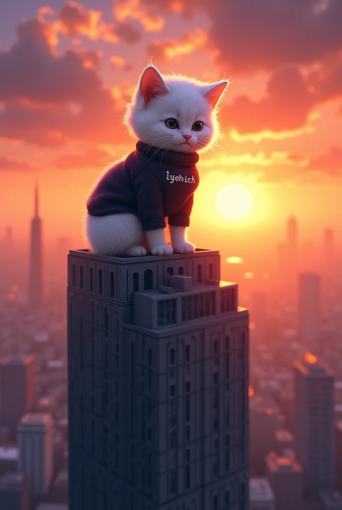 A white kitten is sitting on a tall building and there is a sunset behind him and the kitten is wearing a black sweater with a note written on it *Lyohich*