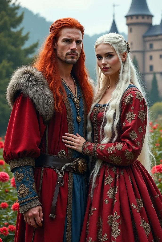 The Middle Ages, the Polish-Lithuanian Commonwealth, red blue flowers, the 16th century, a man and a woman next to each other. The man is attractive, has long red scarlet hair, looks like Tom Cruise, in a caftan with fur trim. A beautiful woman with long white hair, a face similar to Daenerys in the princely attire of the queen, a castle in the background, hd