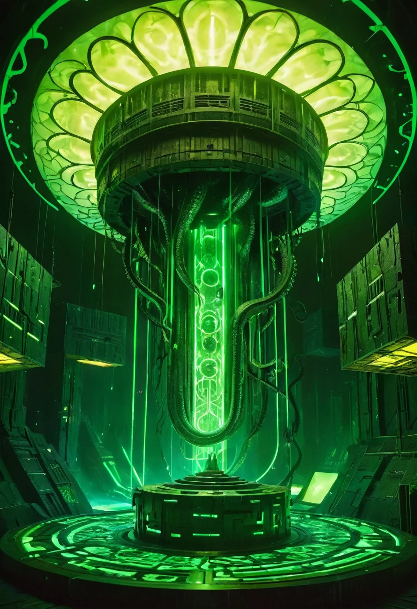 A gigantic floating cuboid structure with dark, twisting tentacles, radiating an intense green light from the circular patterns and eyes with illuminated symbols embedded in their faces. The scene has a dark and futuristic atmosphere., with a greenish-yellow lighting that envelops the entire space, full of geometric shapes and blocks suspended in the air. Two tiny, zombified figures appear to be wandering in front of this monstrous entity., highlighting its colossal scale. The atmosphere is oppressive and mysterious., as if the place were a prison or a temple of some cosmic deity. The style is a combination of science fiction and cosmic horror, with intricate details and a sense of alien grandeur.