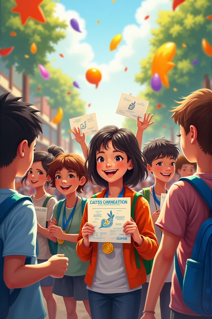 Can you create a picture for students achievements in Catso art and creative writing contest add strokes and creative idea image students with accolades like certificates and medal