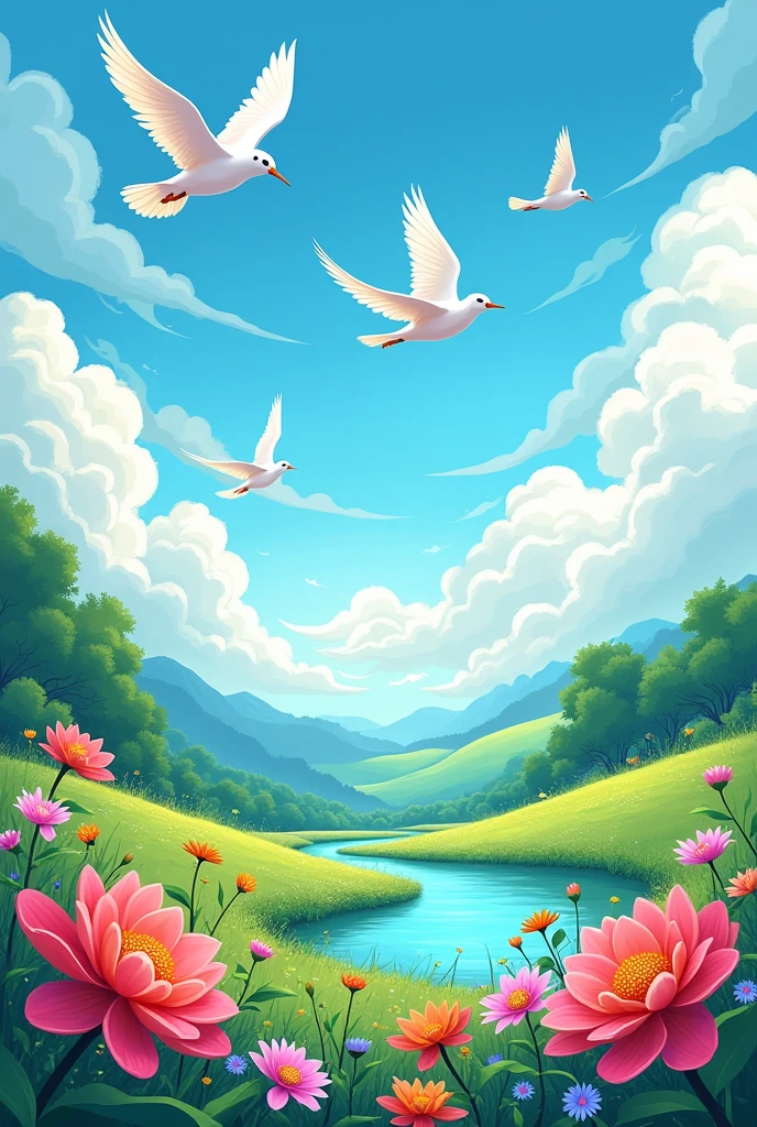 nature landscape with flying white birds and flowers animation comic line hq