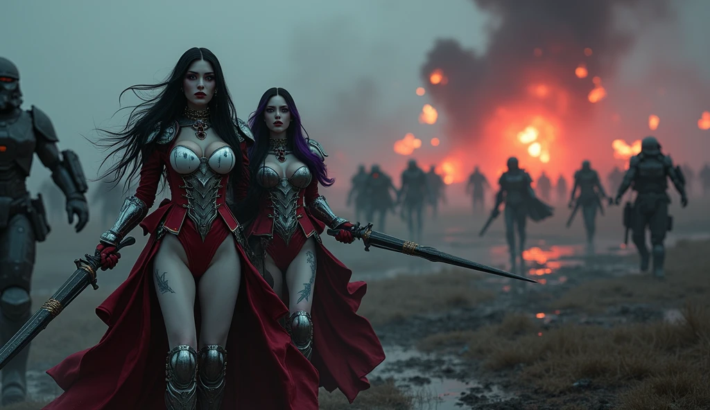 Masterpiece, Best Quality, Official Art, (Highly Detailed CG Unity 8k wallpaper), Detailed background, (Hands by Guido Daniele: 1.1). Full body pose sexy sisters of battle from the warhammer 40k, shooting at the enemy, white armor with intricate details, red armor with intricate details, religous symbols on the armor, sisters of battle, warhammer 40k, Massive silicone breast, pale skin, seductive, temptation, eat your soul, clevage, long flowing black hair with purple highlights, heavy gothic makeup, at night, neon, beautiful detailed eyes, beautiful detailed lips, extremely detailed eyes and face, long eyelashes, highly detailed armor, intricate futuristic weaponry, dramatic lighting, cinematic composition, muted color palette, gritty and realistic, mecha, science fiction, hyper-detailed, photorealistic, award winning digital art, 8k, HDR, masters work, in the middle of a battle field, full body combat action pose, explosions and fire around, full war, stunning, Stilleto heels, high heels, full body pose, cinematic, movie trailer, final stand!, nemesis, ready to strike, dust and debree, combat screams, attacking, shooting at the enemy, running forward, last line of defense, charging, fanatic, religious, templar knights, sisters of battle, warhammer 40k