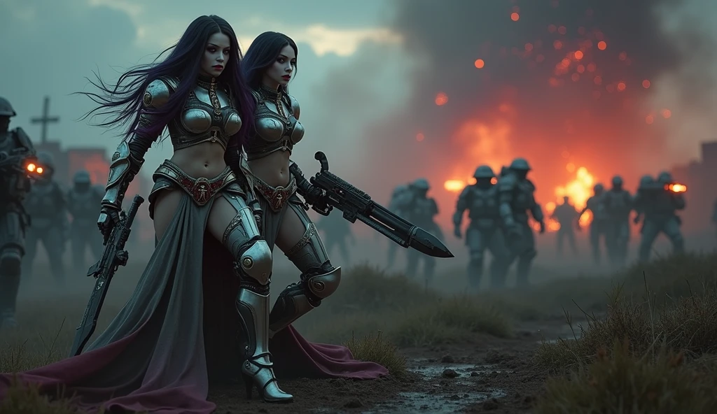 Masterpiece, Best Quality, Official Art, (Highly Detailed CG Unity 8k wallpaper), Detailed background, (Hands by Guido Daniele: 1.1). Full body pose sexy sisters of battle from the warhammer 40k, shooting at the enemy, white armor with intricate details, red armor with intricate details, religous symbols on the armor, sisters of battle, warhammer 40k, Massive silicone breast, pale skin, seductive, temptation, eat your soul, clevage, long flowing black hair with purple highlights, heavy gothic makeup, at night, neon, beautiful detailed eyes, beautiful detailed lips, extremely detailed eyes and face, long eyelashes, highly detailed armor, intricate futuristic weaponry, dramatic lighting, cinematic composition, muted color palette, gritty and realistic, mecha, science fiction, hyper-detailed, photorealistic, award winning digital art, 8k, HDR, masters work, in the middle of a battle field, full body combat action pose, explosions and fire around, full war, stunning, Stilleto heels, high heels, full body pose, cinematic, movie trailer, final stand!, nemesis, ready to strike, dust and debree, combat screams, attacking, shooting at the enemy, running forward, last line of defense, charging, fanatic, religious, templar knights, sisters of battle, warhammer 40k