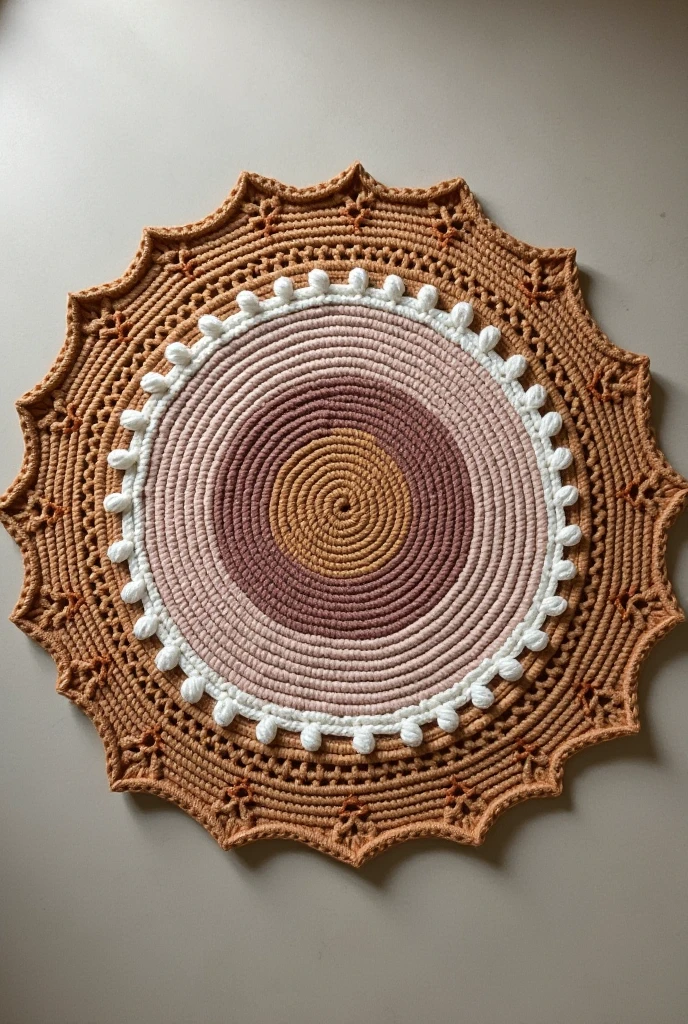 round crochet rug seen from above showing the whole thing