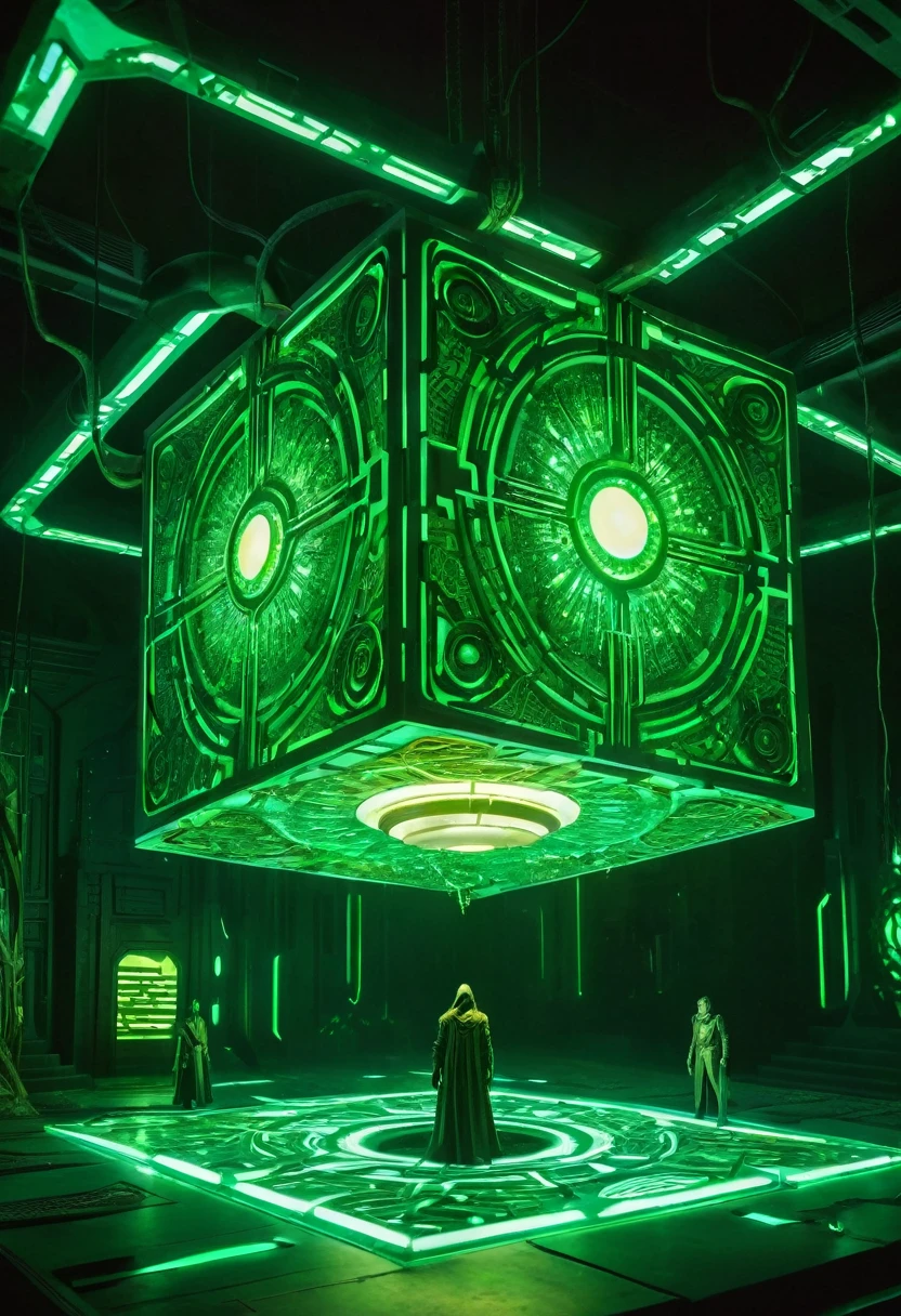 A gigantic floating cuboid structure with dark, twisting tentacles, radiating an intense green light from the circular patterns and eyes with illuminated symbols embedded in their faces. The scene has a dark and futuristic atmosphere., with a greenish-yellow lighting that envelops the entire space, full of geometric shapes and blocks suspended in the air. Two tiny, zombified figures appear to be wandering in front of this monstrous entity., highlighting its colossal scale. The atmosphere is oppressive and mysterious., as if the place were a prison or a temple of some cosmic deity. The style is a combination of science fiction and cosmic horror, with intricate details and a sense of alien grandeur.