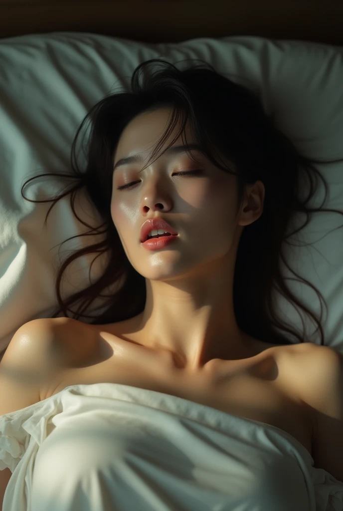 Very high quality photo, sharpness, epic realism, realistic, source_photo, alignement correct, young japanese actress, sexually excited, climax orgasm, Au lit