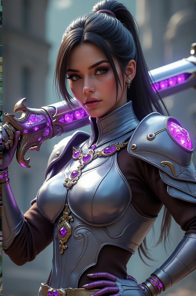 Style jeux vidéo. Portrait d'une guerrière mentale spécialisée dans la survie. Brune avec chignon chic. Porte une grande arme à deux mains incrusté de rubis violet. Armure en argent incrusté de rubis violet. Haute résolution. Détails minutieux. 8K