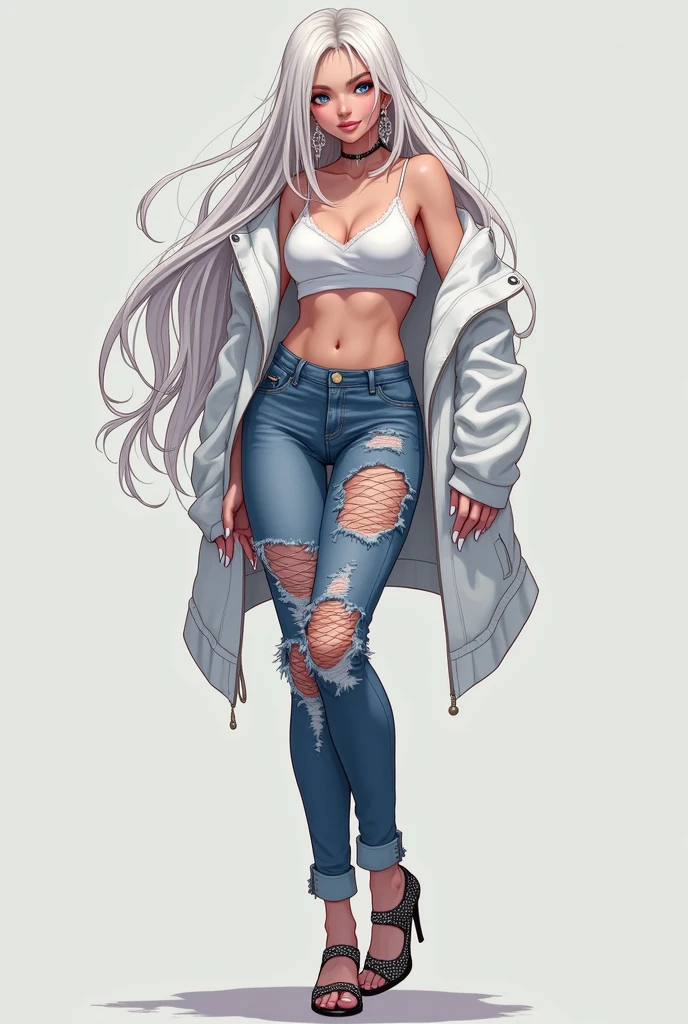 tall anime woman, long white hair, wears shiny earrings and light makeup, a cute white crop top and ripped jeans with fishnet tights underneath, high-heels, white colored nails, Have vitiligo, having a contrast of darker and lighter skin