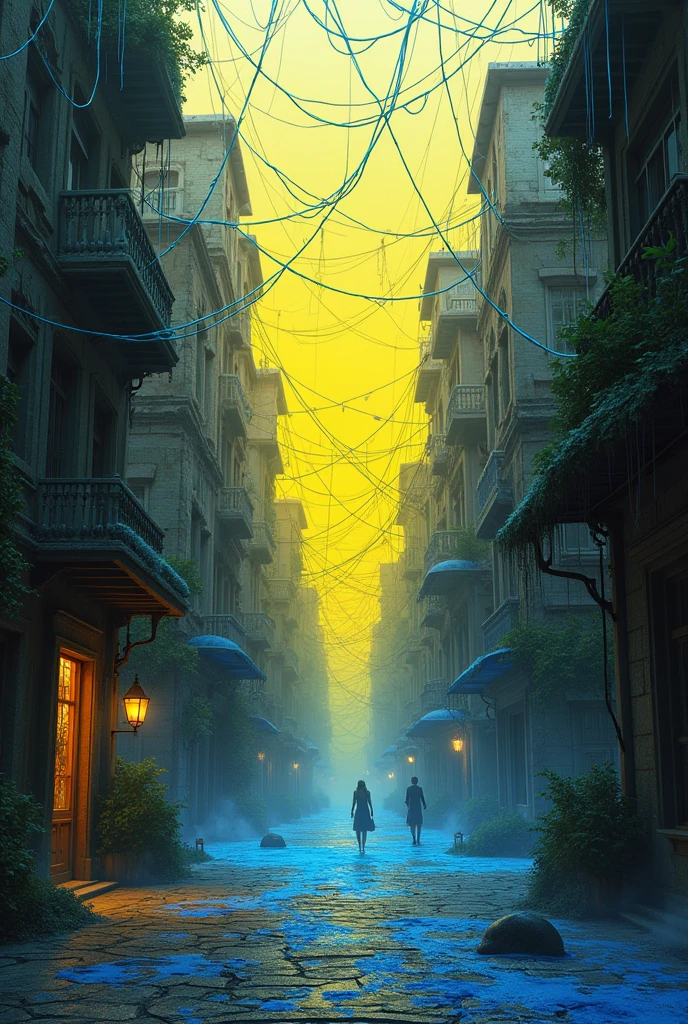 Create an image with this text and element assigned.
It is a city that has remained intact over time, so it hasn't changed much, That's why the cobwebs throughout the entire project, This conveys this feeling of antiquity. On the other hand, the blue threads show the process that people have to find the essence of this city.. Finally there is the center part, This is a vibrant yellow color that gives us an idea of how unusual and eccentric this city, commonly known as the “default model”, is.. This city in the Elements:
- antiquity