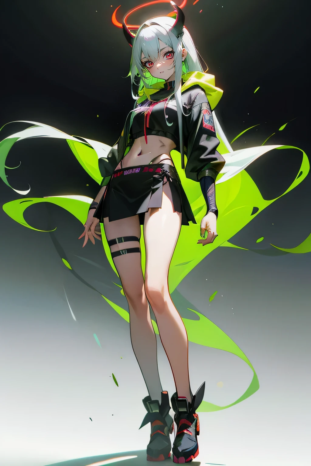 alta resolução, obra-prima, melhor qualidade, 1girl, red sclera,red pupils, cyborgunder, green hair, colored skin, demonictech, many tattoos, roupa futurista, skirt, detalhes neon, estilo cyberpunk neon, ao fundo submundo, pele finamente detalhada, enormes, pernas muito musculosas, golden ratio body, Flexible body, Abs, silver-haired anime girl, model appearance, perfect breasg black cloak, martial arts, many details in clothes, bare hips, open belly, full height, half turn, professional drawing, proportional, long legs, long straight hair, cute fine face, rounded eyes, digital painting 4k, detailed face, cosmetics, high quality, no blur, realistic breast physimonic horn and half an angelic halo above head, Fluorescent miniskirt,Black and green matching,Being in the room, Best anime 4k wallpapers, Anime style 4K, cyberpunk anime boy in hoodie, Anime art wallpaper 8 K, Anime art wallpaper 4 K, Anime art wallpaper 4k, Anime moe art style, 4k anime wallpapers, Anime wallpaper 4K, Anime wallpaper 4K, Badass anime 8 K,Single leg prosthesis
