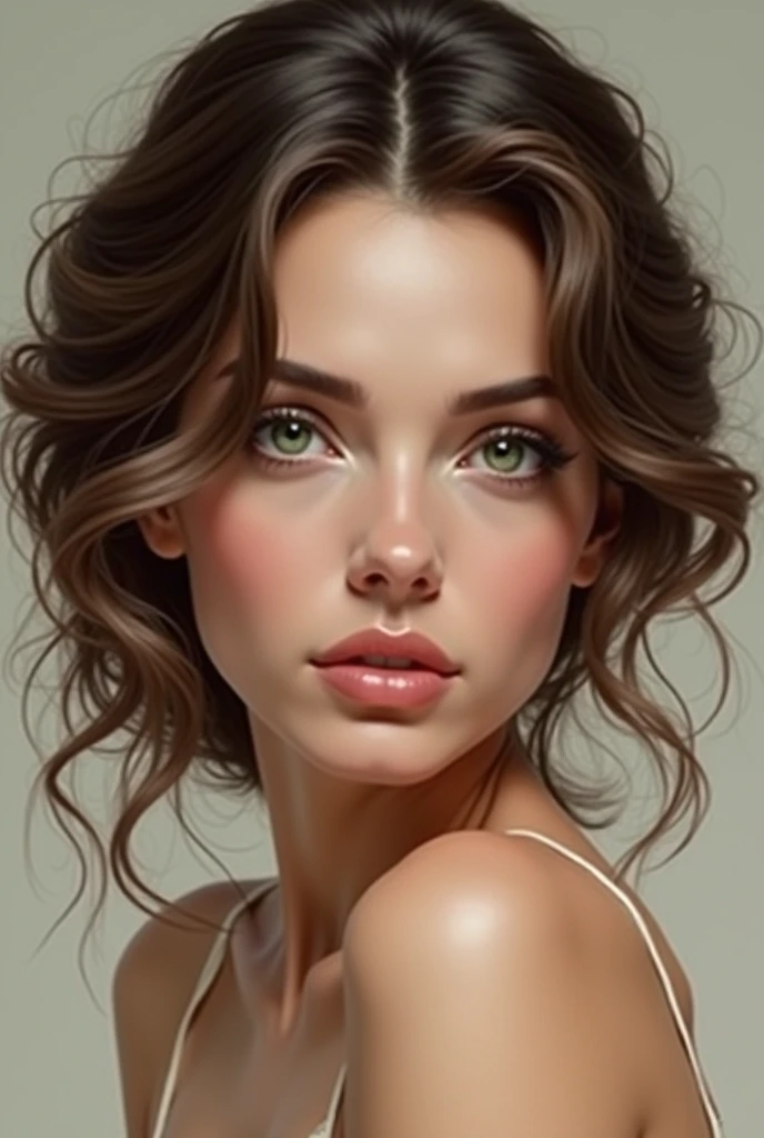 "Elegant portrait of a woman with brown, subtly shaded, curly hair and green eyes, featuring a seductive gaze. Her face is smooth, silky, and oval-shaped."