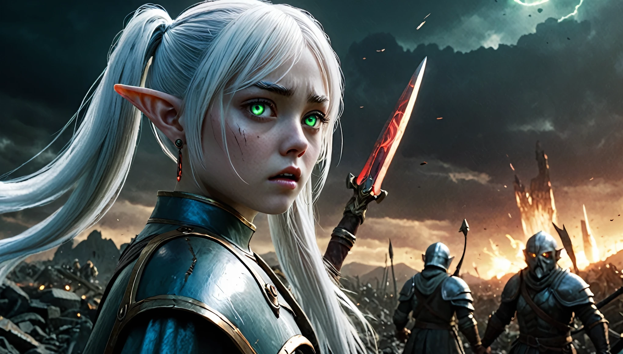 Epic battle scene, photoreal, fantasy, 4 characters: 1 white-haired girl with long twintails, pointy green eyes, wearing white capsule jewelry and earrings, standing in the foreground. Frieren looks surprised as she gazes into the darkness on the horizon, a gleam of determination in her eyes. Behind her, a tall man with short blue hair wields a sword, and an old dwarf with a huge blonde beard, wearing a helmet, grips a staff. A bright flash of light erupts in the background, fading silhouettes of creatures from "The Lord of the Rings" style goblins and monsters appear against the reddish dark skies. The scene captures the ruins of the battlefield, with emotional and dramatic lighting, realistic skin textures, ultra-detailed, with Frieren standing resolute despite the chaos.
