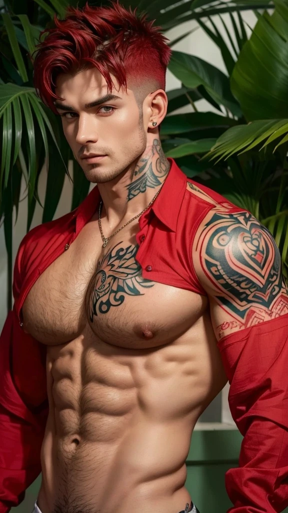 (absurdres, highres, ultra detailed, Ultra HD), a muscular handsome man, (wearing (a red colour open shirt)), (tattooed chest: 1.2), red hair, short hairstyle, detailed face, perfect facial features, smooth skin, beautiful, gorgeous, wet, mature, perfect eyes, sexy gaze, looking at the viewers romantically, large bare chest, largest breast, extremely large pectorals, big nipples, (chest tattoos only), full body view,