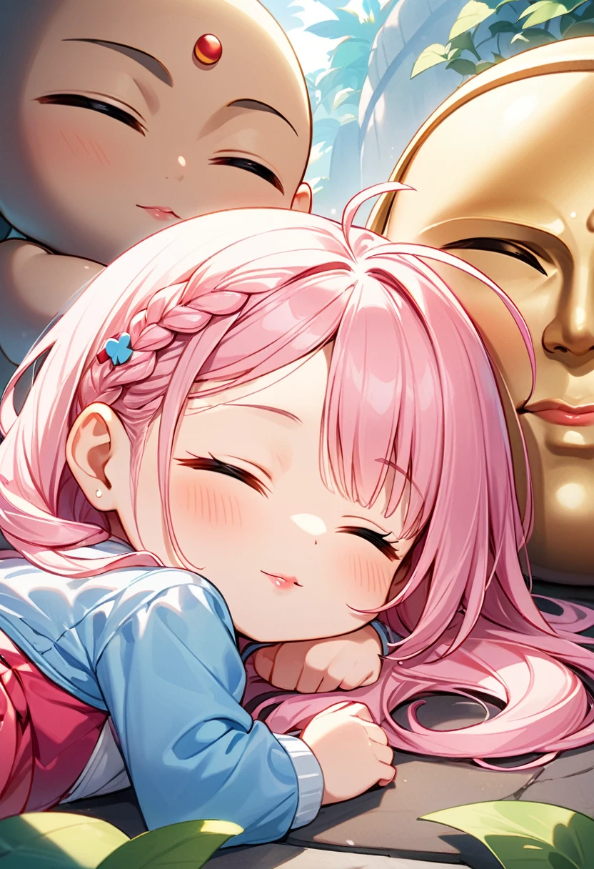 Highest quality、High resolution、Detailed Background、Beautiful face in every detail、Anatomically correct、Detailed facial expressions、fine grain、((full body, from side:1.5, looking away:1.2)), break　((One Girl:1.5)、((Chibi Girl:1.5)))、(sculptor:1.5)、Bright pretty hair color、Big beautiful blue eyes、Fuller lips、Pink Lips、Braided twintails、Ahoge、break　((Lying down and sleeping in front of a giant Buddha statue lying down、Close your eyes:1.5、Poka Poka Cheerful))